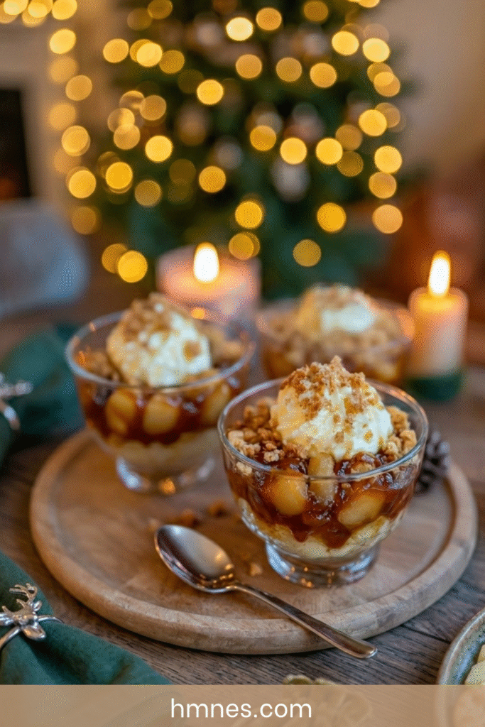 Verrine pomme caramel avec pommes caramélisées, crème onctueuse, biscuits sablés émiettés et filet de caramel