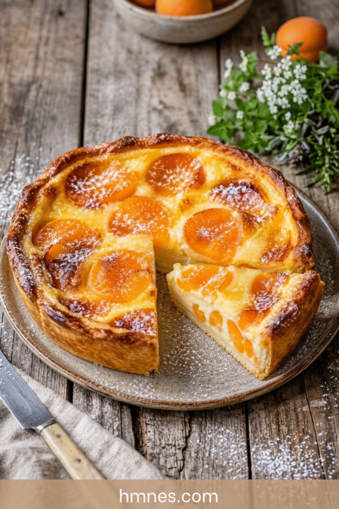 Flan pâtissier aux abricots avec pâte dorée, crème vanillée fondante et morceaux d’abricots frais