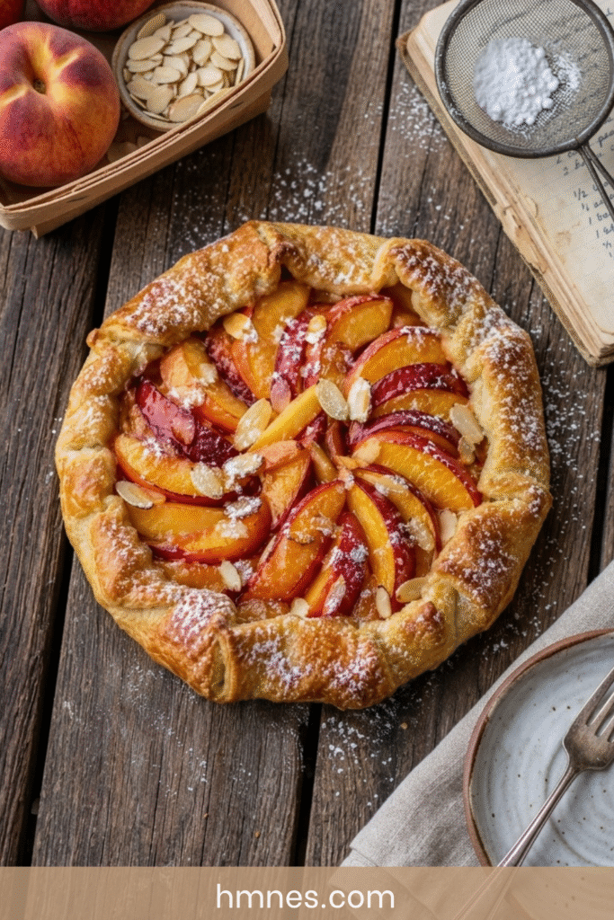 Galette rustique aux nectarines avec pâte dorée, fruits fondants, amandes effilées et sucre glace