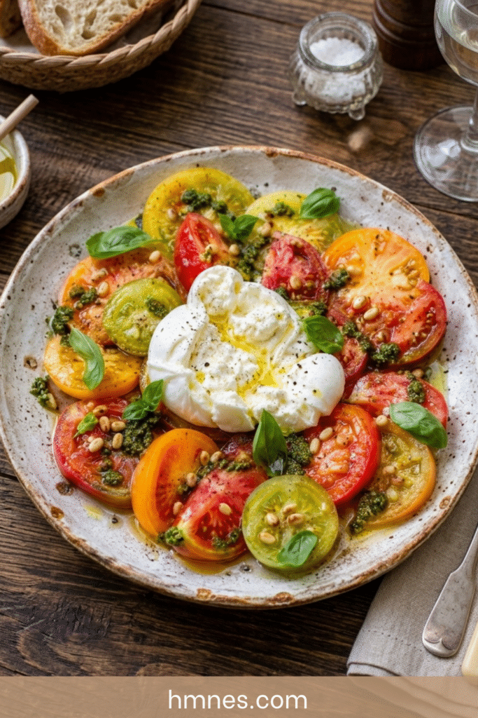 Salade de tomates anciennes avec burrata crémeuse, pesto basilic, huile d’olive, pignons et basilic frais