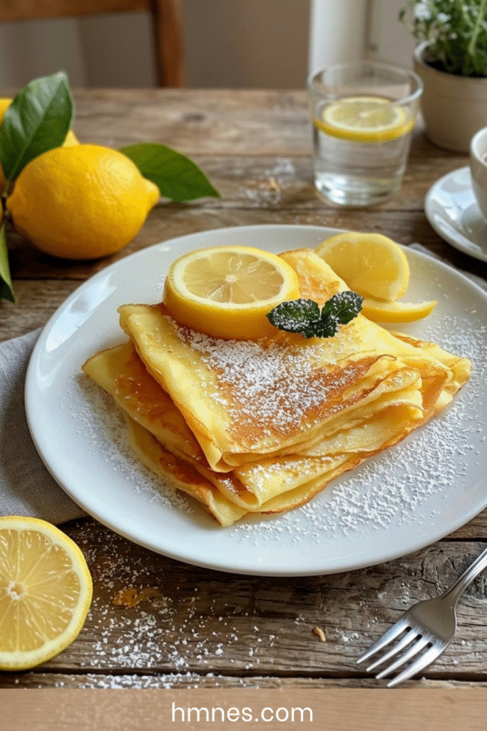 Crêpes citron pliées en triangle avec sucre glace, jus de citron frais, quartiers de citron et feuilles de menthe
