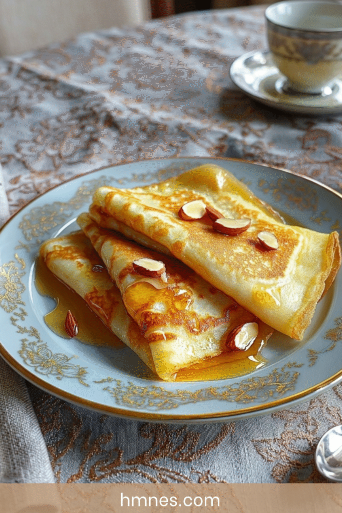 Crêpes miel amandes pliées en triangle avec miel liquide, amandes grillées et sucre glace