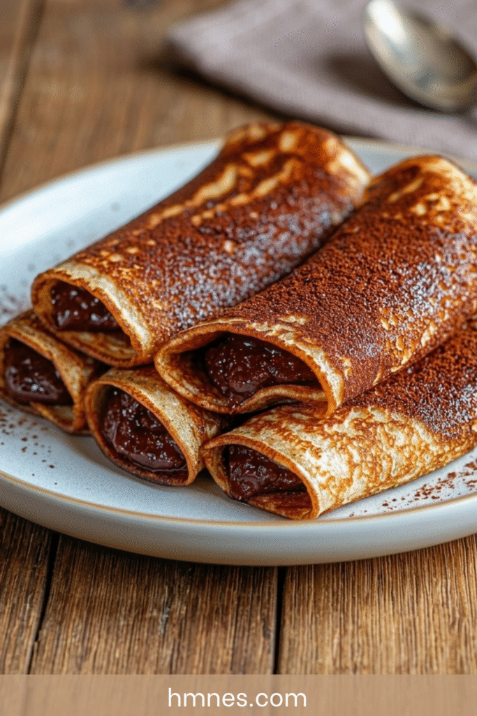 Crêpes au chocolat roulées avec pâte à tartiner chocolat-noisette, cacao dans la pâte et sucre glac