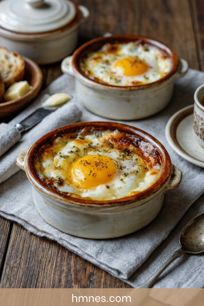 Œufs cocotte à la crème avec fromage râpé fondant et jaune coulant servis dans des ramequins