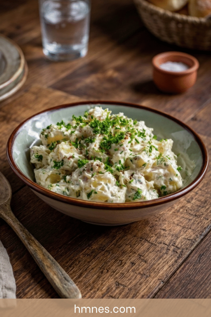 Salade de pommes de terre crémeuse aux herbes avec mayonnaise, crème fraîche, moutarde, persil et ciboulette