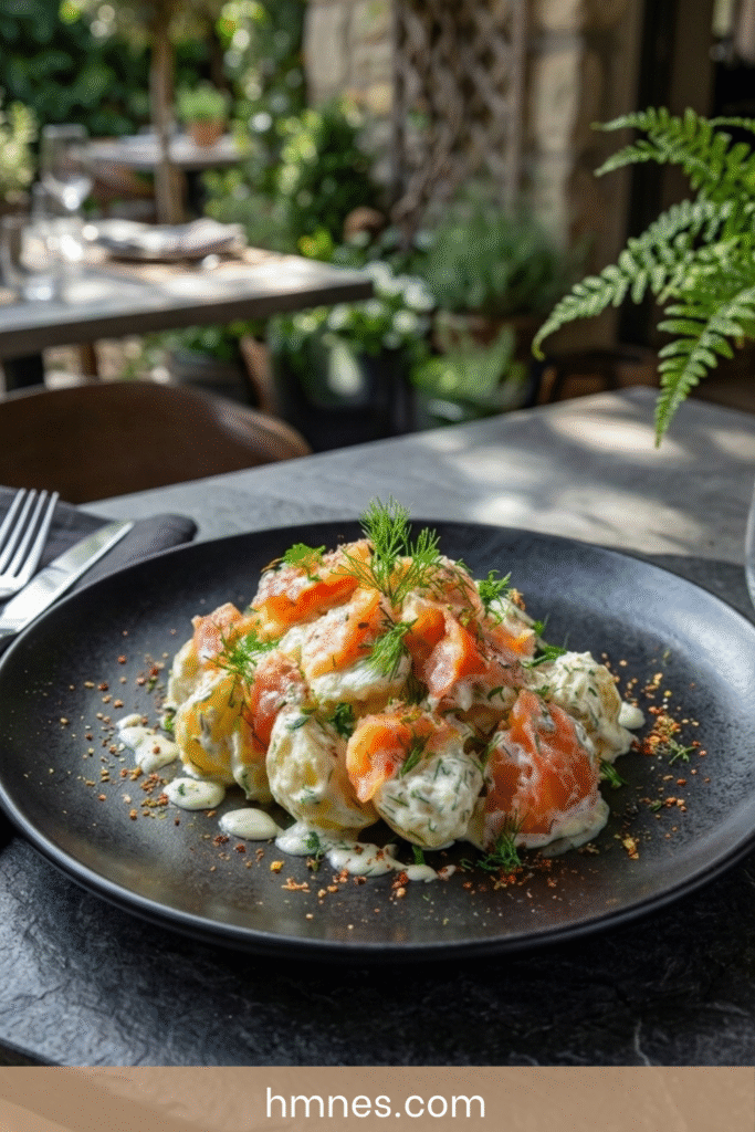Salade pommes de terre saumon fumé avec crème fraîche, moutarde douce, citron, échalote et aneth frais