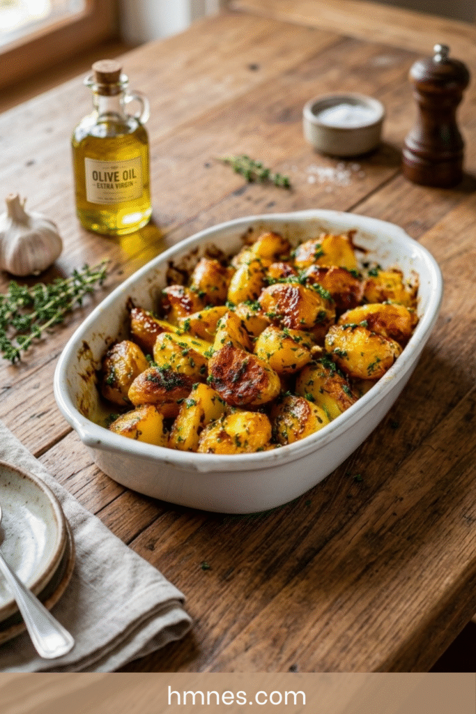 Pommes de terre rôties à l’ail croustillantes avec huile d’olive, herbes et persil frais