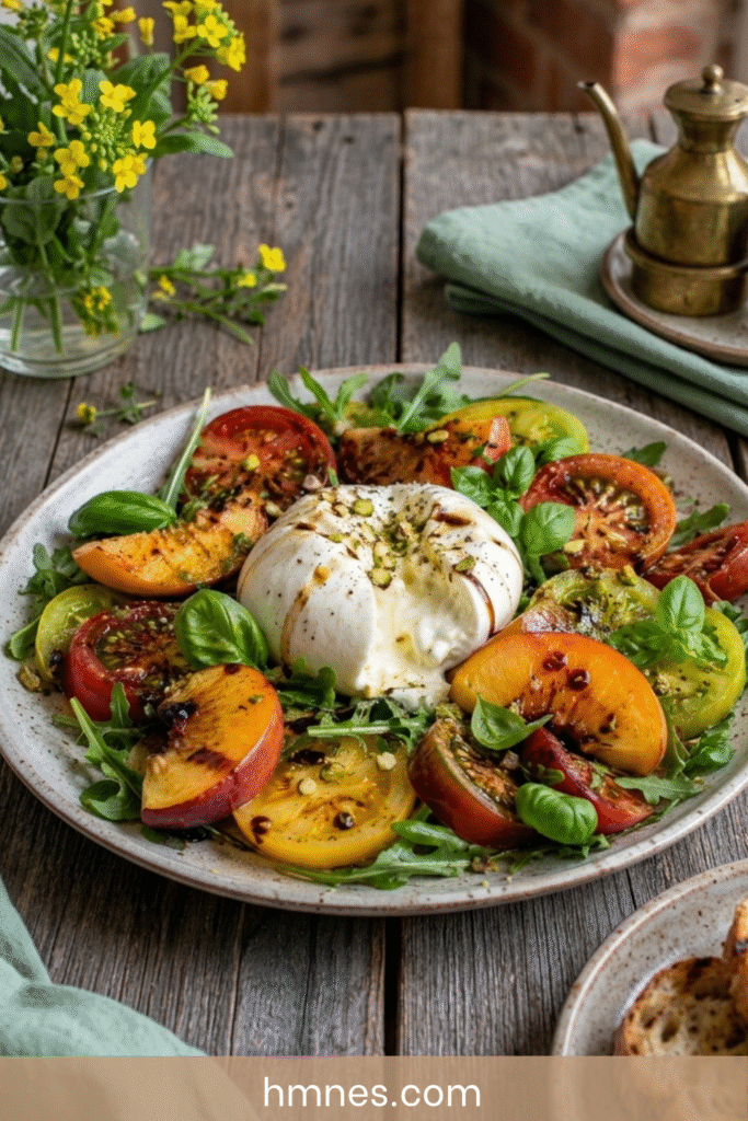 Salade burrata pêches avec tomates anciennes, basilic frais, huile d’olive et crème de balsamique