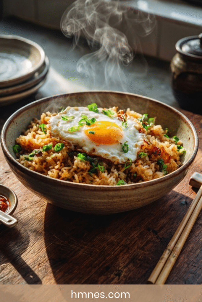 Riz sauté à l’œuf maison avec sauce soja, œufs brouillés et ciboulette fraîche