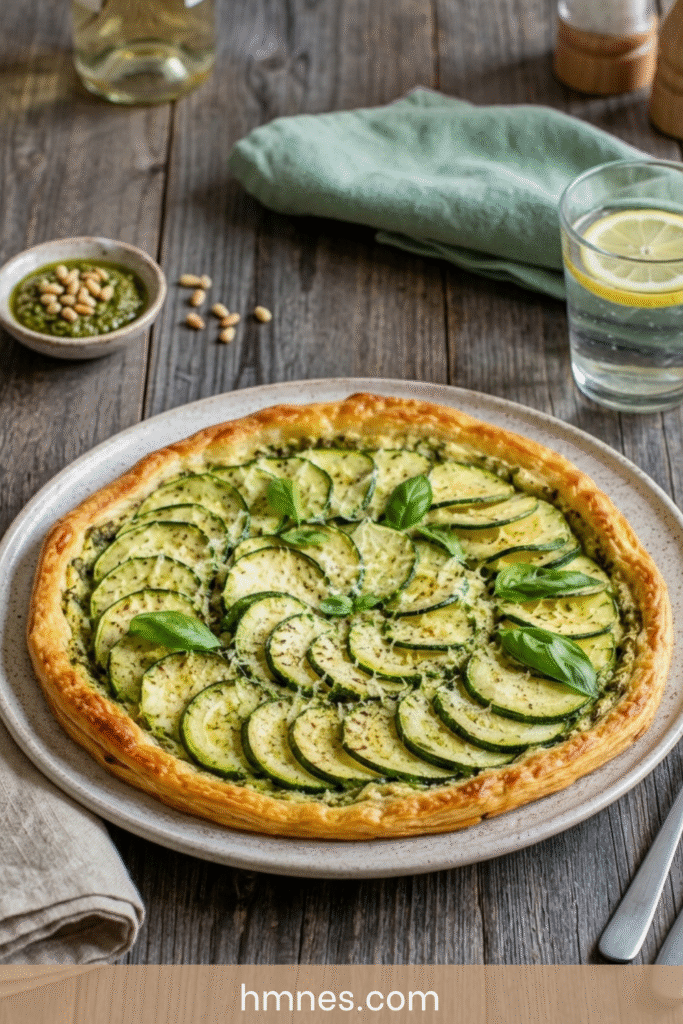 Tarte courgette ricotta avec pesto basilic, rondelles de courgettes fines, parmesan et pâte feuilletée dorée
