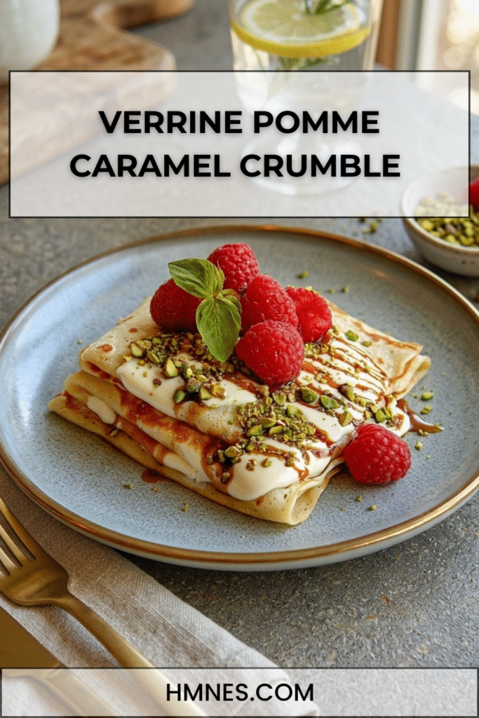 Crêpes pistache framboise garnies de crème blanche, caramel au beurre salé, framboises fraîches et pistaches concassées