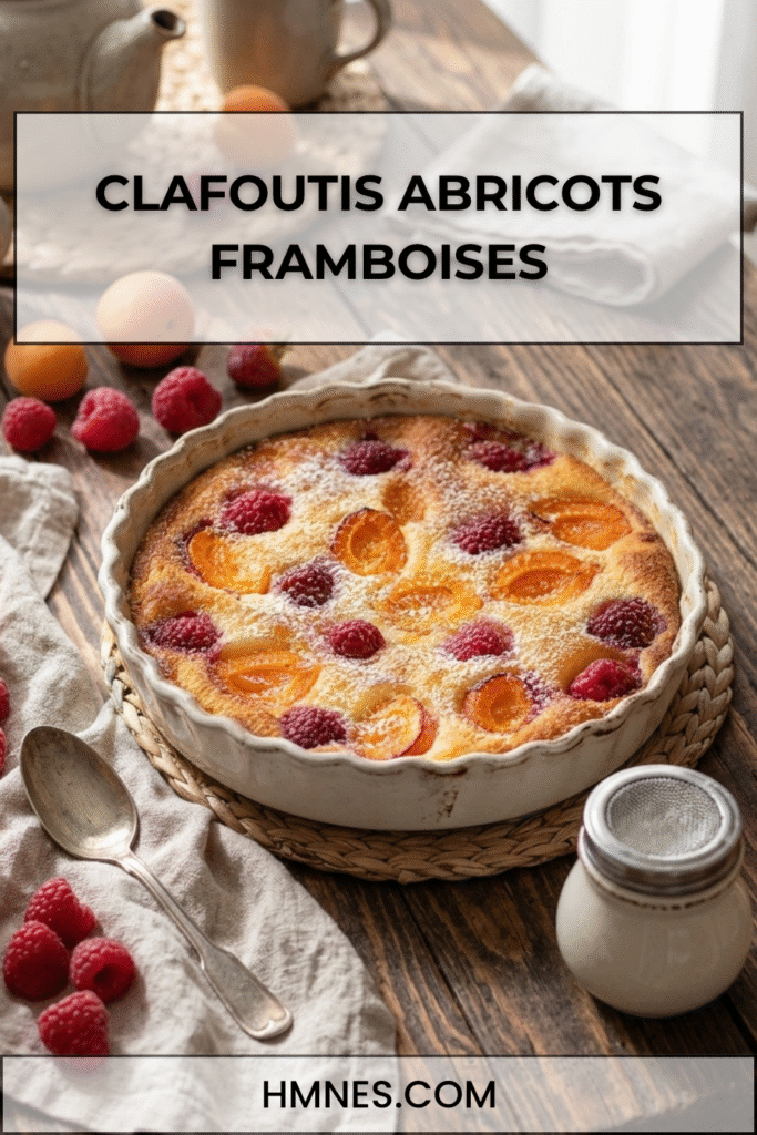 Clafoutis abricots framboises moelleux avec abricots dorés, framboises fraîches et sucre glace