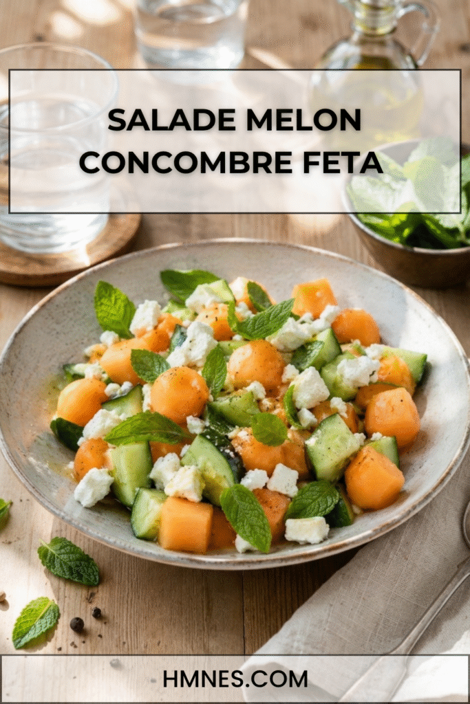 Salade melon concombre avec feta, menthe fraîche, citron, huile d’olive et morceaux de melon bien juteux