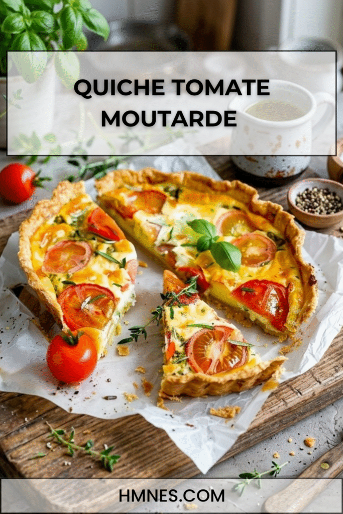 Quiche tomate moutarde dorée au four avec tomates fondantes, pâte brisée et fromage râpé