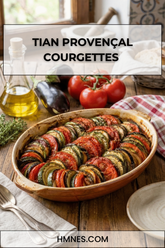Tian provençal avec courgettes, tomates, aubergines, huile d’olive et herbes de Provence dans un plat rustique