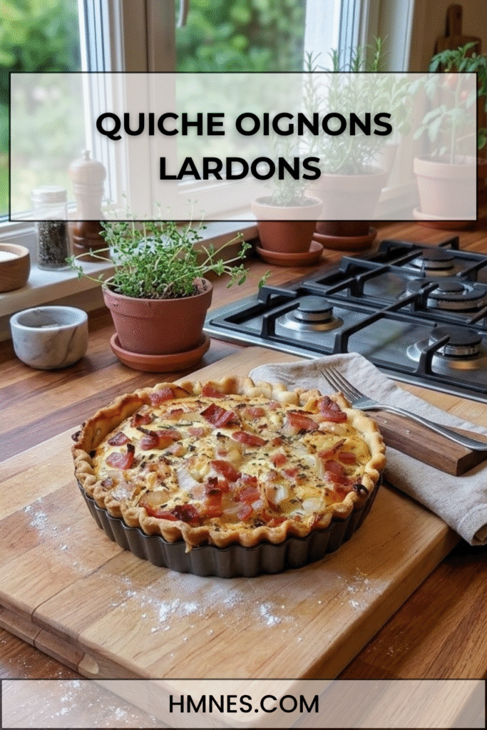 Quiche oignons lardons économique dorée au four avec pâte brisée, appareil fondant au lait et fromage râpé