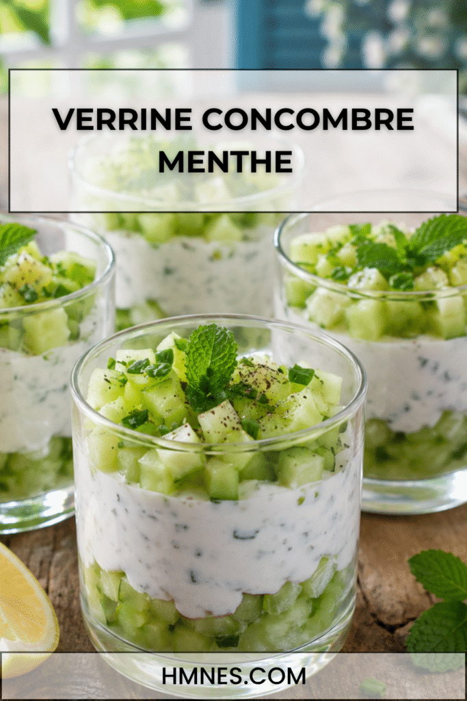 Verrine concombre menthe avec fromage frais, citron, ciboulette et dés de concombre frais