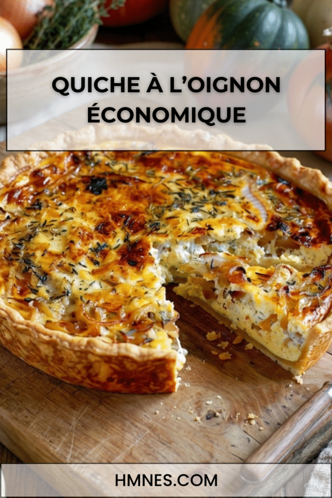 Quiche à l’oignon économique dorée au four avec pâte brisée, oignons fondants, œufs, lait et herbes