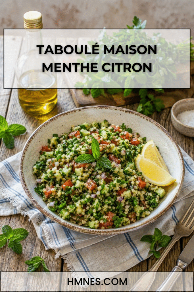 Taboulé maison avec semoule, tomates, concombre, menthe fraîche, persil, citron et huile d’olive
