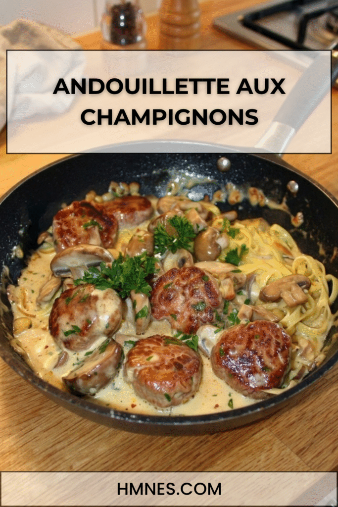 Andouillette aux champignons crémeuse avec sauce à la crème, persil frais et champignons de Paris