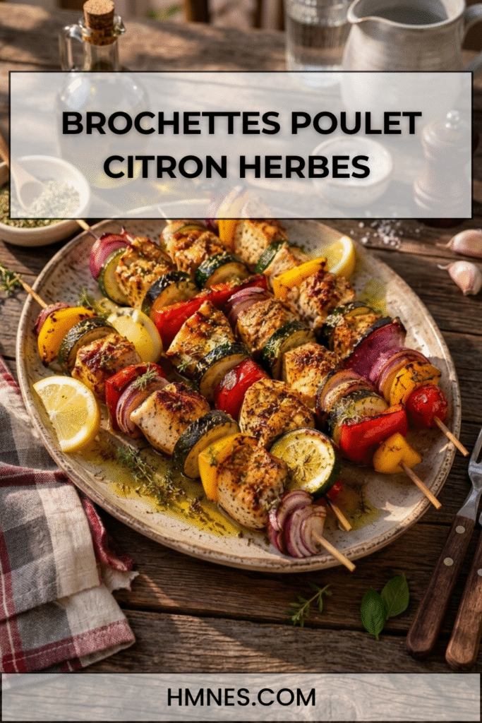 Brochettes poulet citron aux herbes avec courgettes, poivrons, oignons rouges et quartiers de citron