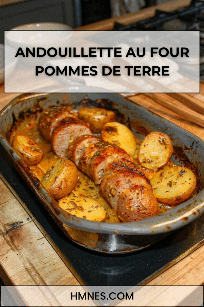 Andouillette au four avec pommes de terre dorées, ail, huile d’olive et herbes de Provence