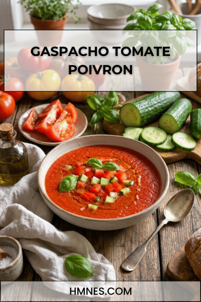 Gaspacho tomate poivron concombre servi froid avec basilic frais, huile d’olive et petits dés de légumes croquants