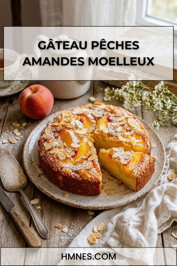 Gâteau pêches amandes moelleux avec tranches de pêches fraîches, amandes effilées dorées et sucre glace