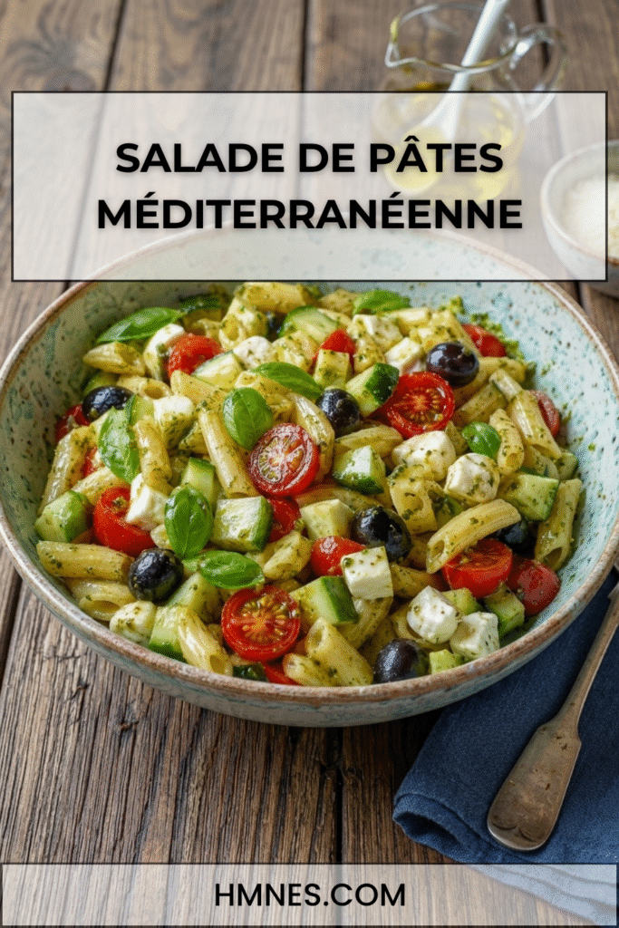 Salade de pâtes méditerranéenne avec tomates cerises, mozzarella, olives, concombre, basilic et pesto