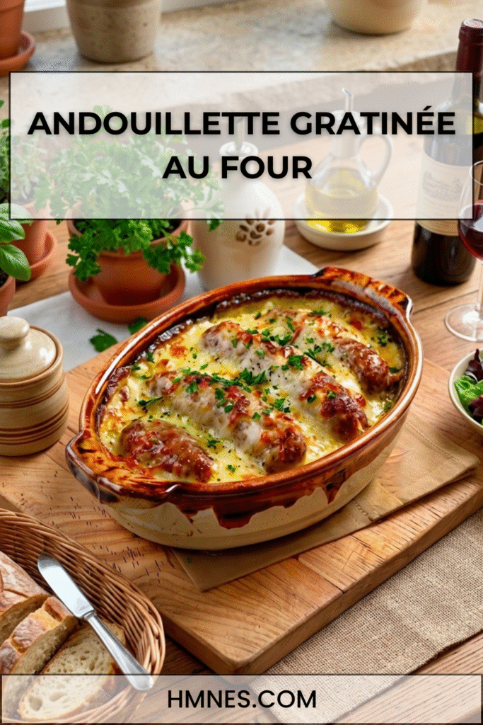 Andouillette gratinée au four avec crème fraîche, moutarde, fromage râpé doré et persil frais