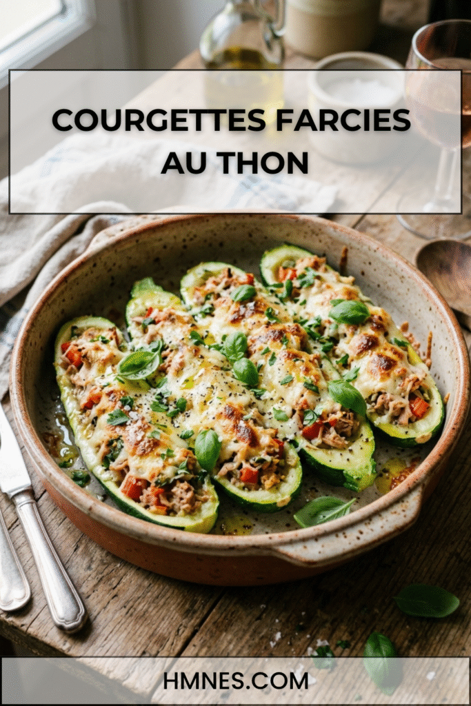 Courgettes farcies au thon gratinées avec tomate, fromage fondu, herbes fraîches et plat rustique