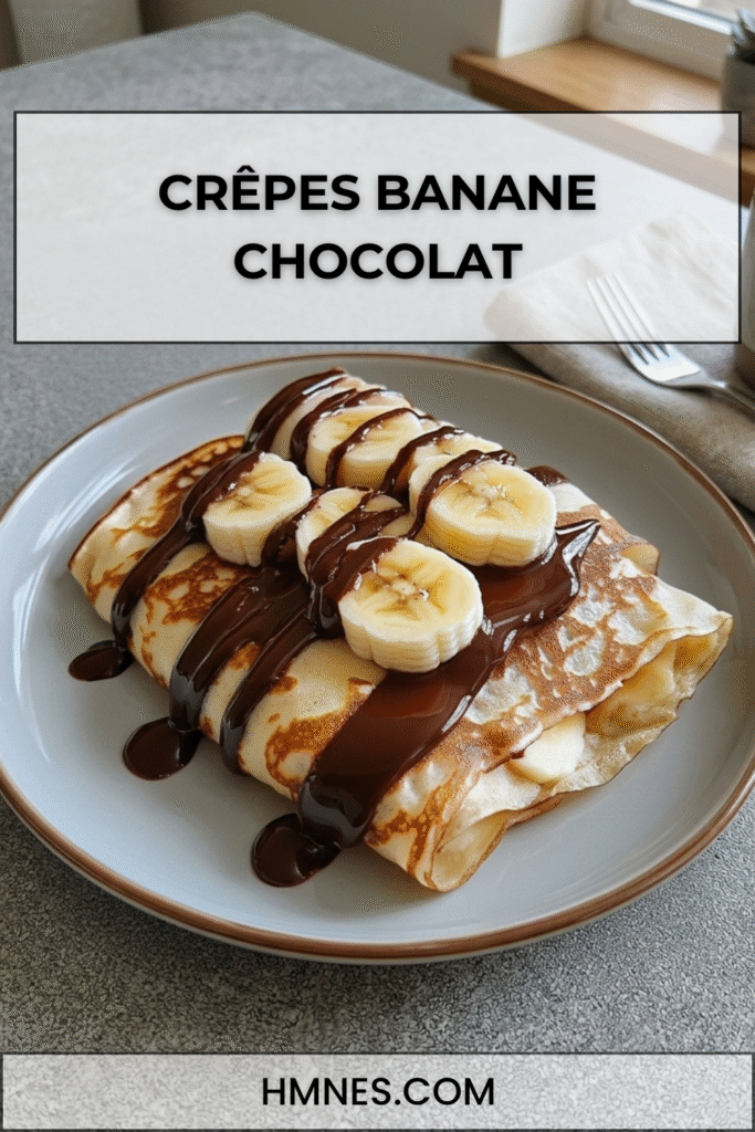 Crêpes banane chocolat pliées en triangle avec rondelles de banane, sauce chocolat fondante et sucre glace