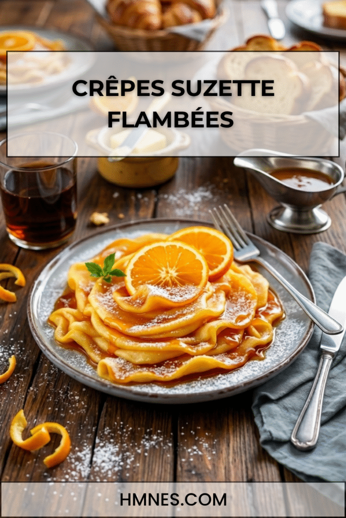 Crêpes Suzette flambées à l’orange nappées de sauce au beurre et Grand Marnier maison