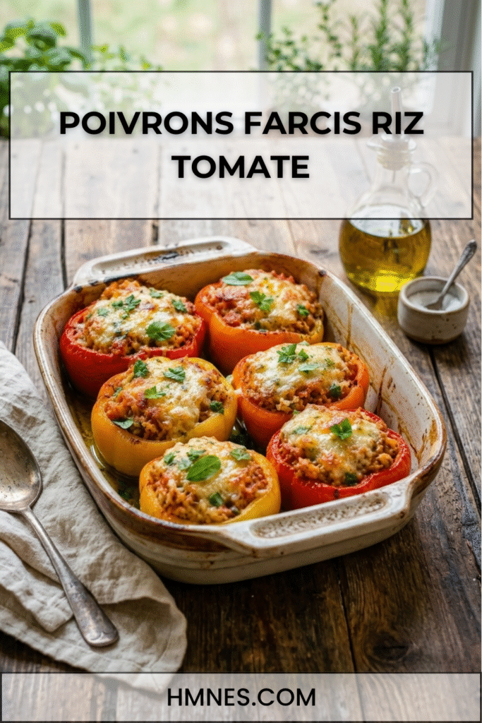 Poivrons farcis au riz tomate et fromage gratiné dans un plat rustique avec herbes fraîches