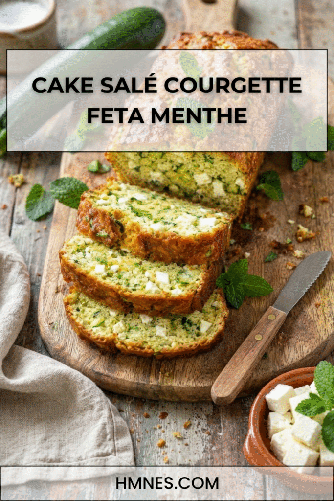 Cake salé courgette feta menthe moelleux avec morceaux de courgette, feta, herbes fraîches et tranche découpée