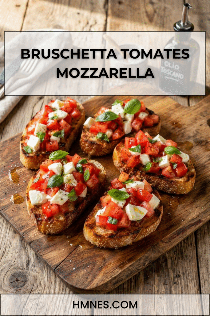 Bruschetta tomates mozzarella basilic avec pain grillé, tomates fraîches, mozzarella, basilic et filet d’huile d’olive
