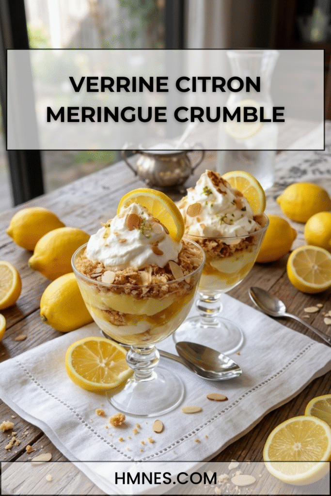 Verrine citron meringue crumble avec lemon curd, chantilly maison, biscuits sablés émiettés et meringue croquante