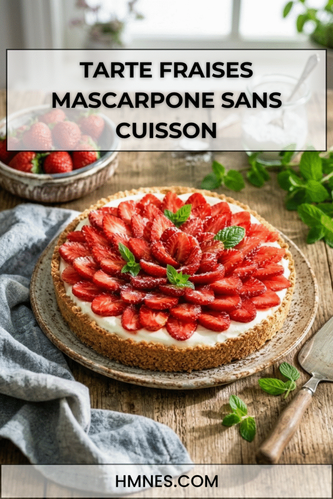 Tarte fraises mascarpone sans cuisson avec crème onctueuse, fraises fraîches et base biscuitée dorée