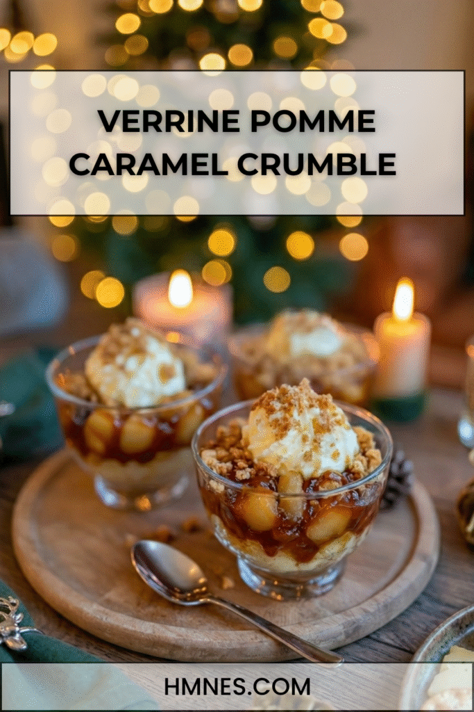 Verrine pomme caramel avec pommes caramélisées, crème onctueuse, biscuits sablés émiettés et filet de caramel