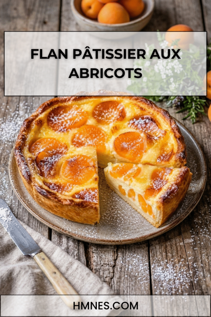 Flan pâtissier aux abricots avec pâte dorée, crème vanillée fondante et morceaux d’abricots frais