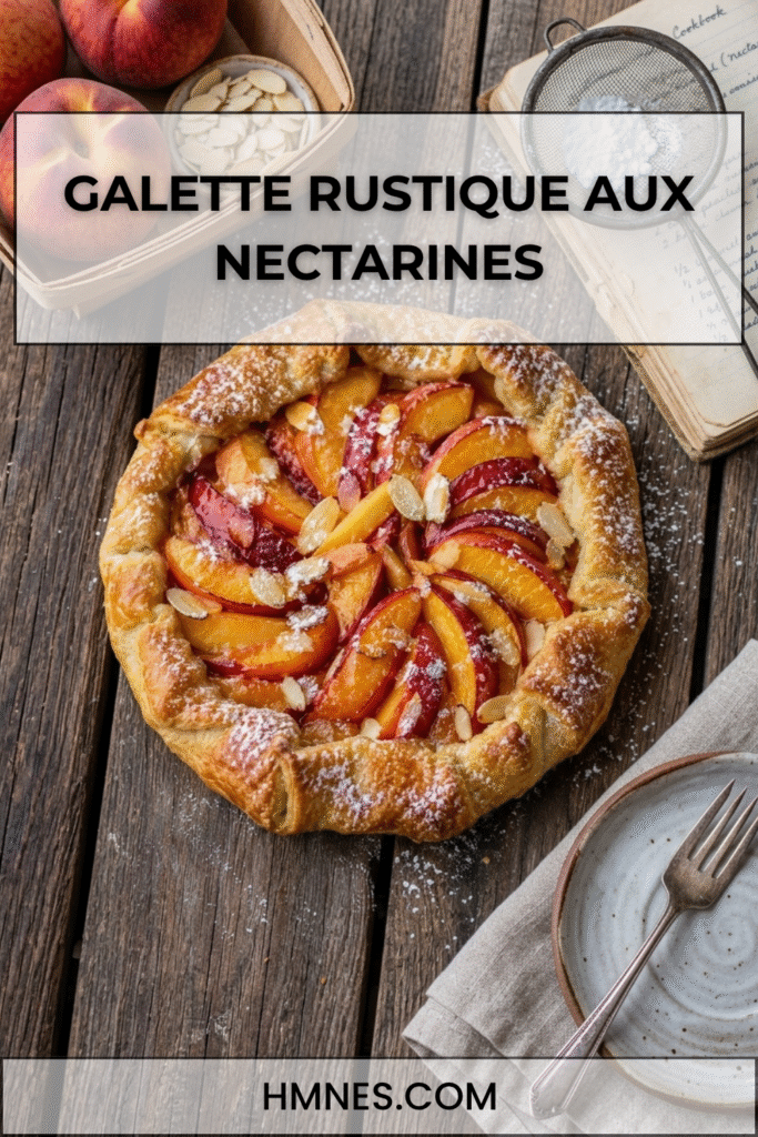 Galette rustique aux nectarines avec pâte dorée, fruits fondants, amandes effilées et sucre glace