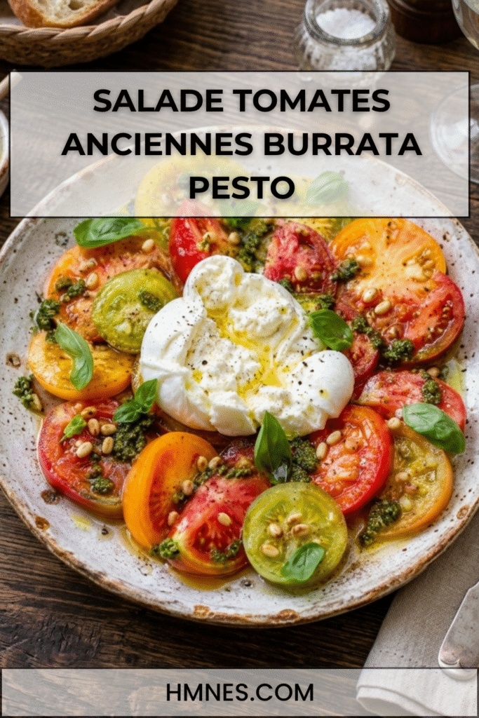 Salade de tomates anciennes avec burrata crémeuse, pesto basilic, huile d’olive, pignons et basilic frais