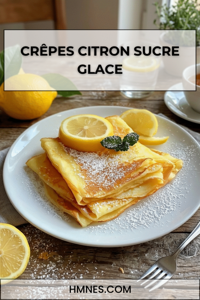 Crêpes citron pliées en triangle avec sucre glace, jus de citron frais, quartiers de citron et feuilles de menthe