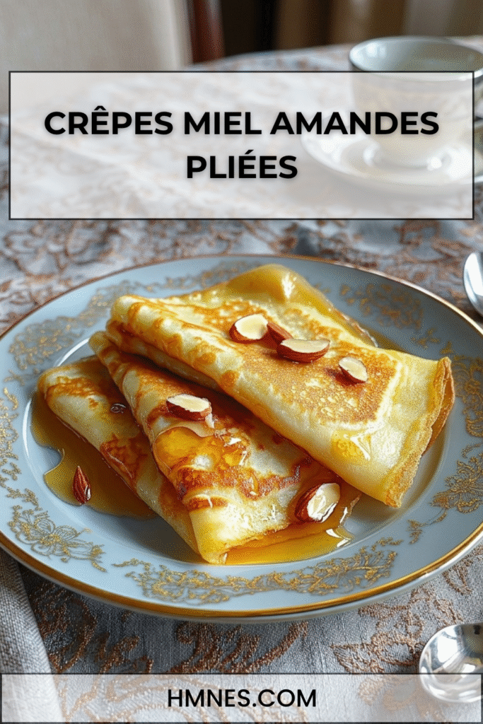 Crêpes miel amandes pliées en triangle avec miel liquide, amandes grillées et sucre glace