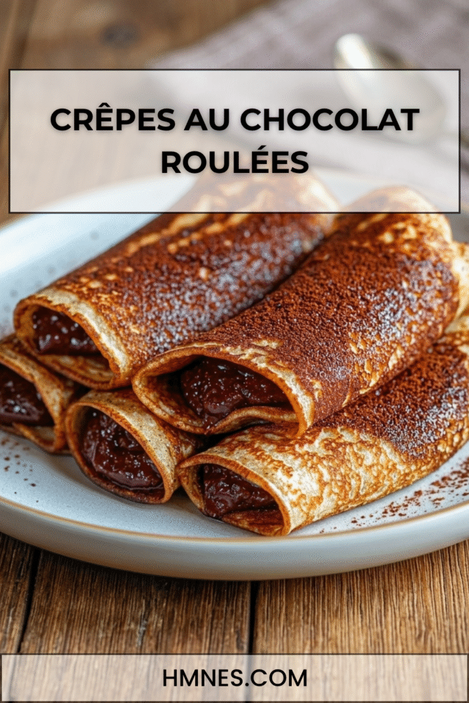 Crêpes au chocolat roulées avec pâte à tartiner chocolat-noisette, cacao dans la pâte et sucre glac