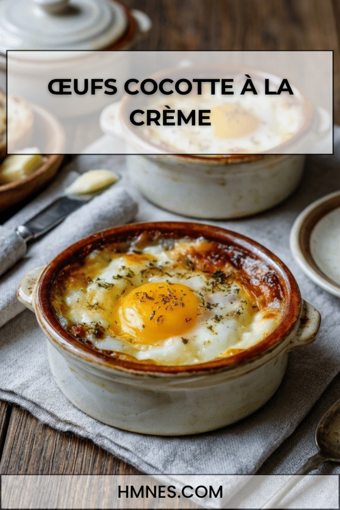 Œufs cocotte à la crème avec fromage râpé fondant et jaune coulant servis dans des ramequins