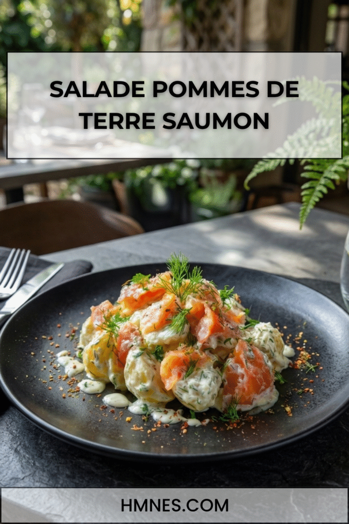 Salade pommes de terre saumon fumé avec crème fraîche, moutarde douce, citron, échalote et aneth frais