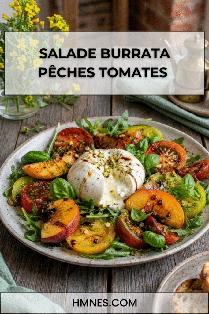 Salade burrata pêches avec tomates anciennes, basilic frais, huile d’olive et crème de balsamique