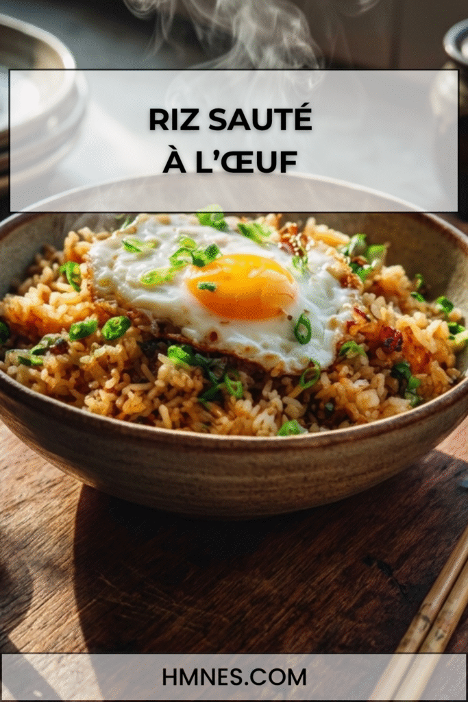 Riz sauté à l’œuf maison avec sauce soja, œufs brouillés et ciboulette fraîche