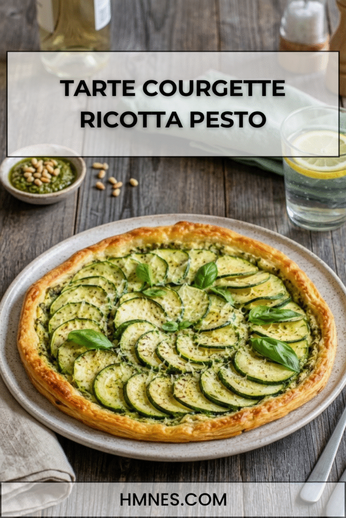 Tarte courgette ricotta avec pesto basilic, rondelles de courgettes fines, parmesan et pâte feuilletée dorée
